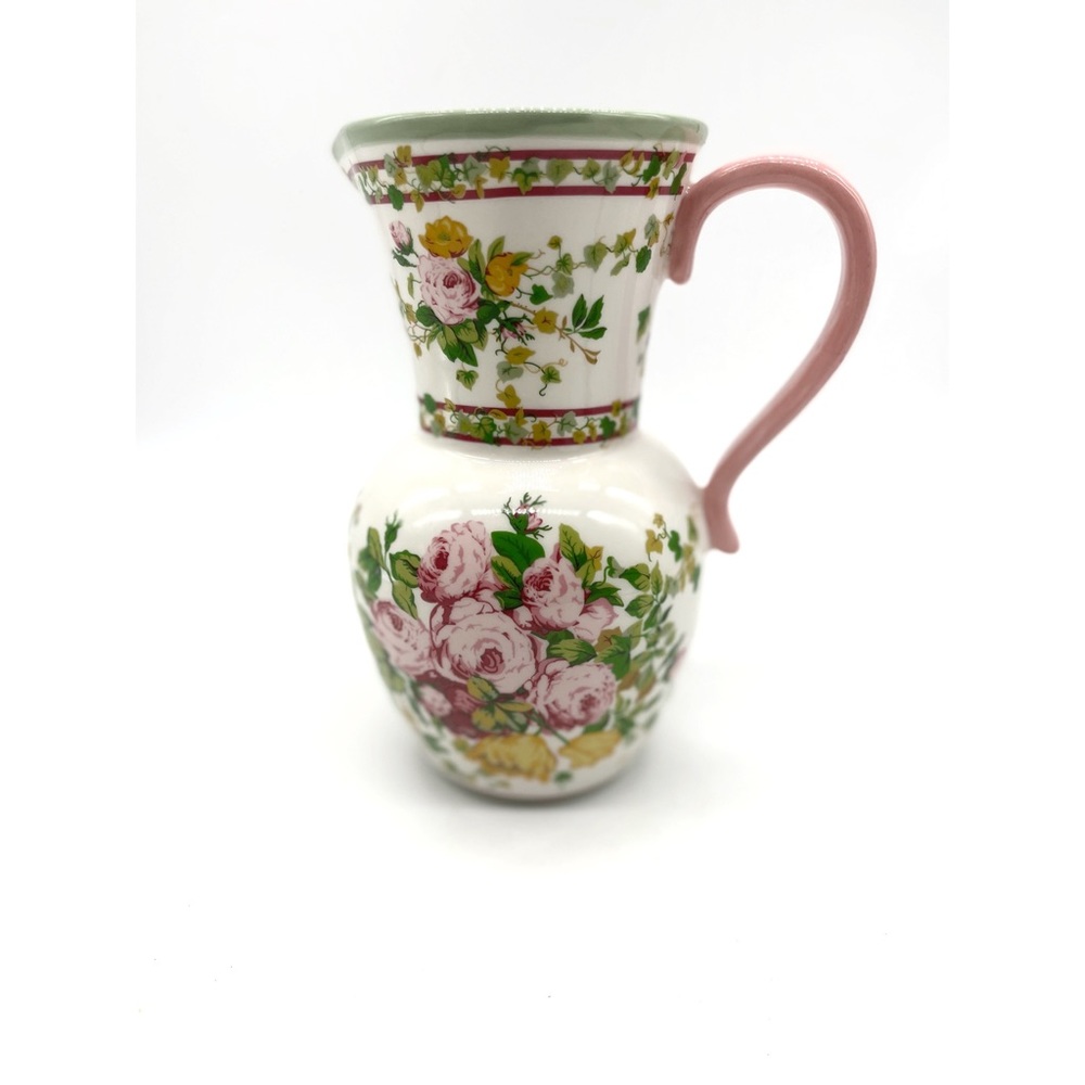Vintage Laura Ashley / FTD Pitcher Vase 7 1/2” Tall Floral.